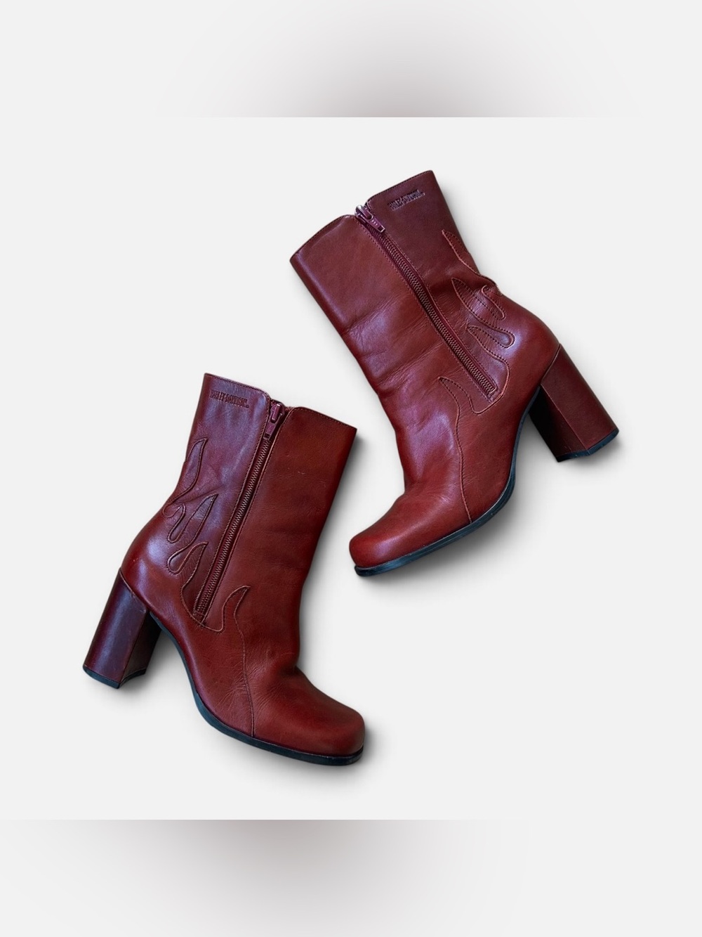 Y2K Rare Harley Davidson Flame Red Leather Chunky Platform Boots - Picture 1 of 9